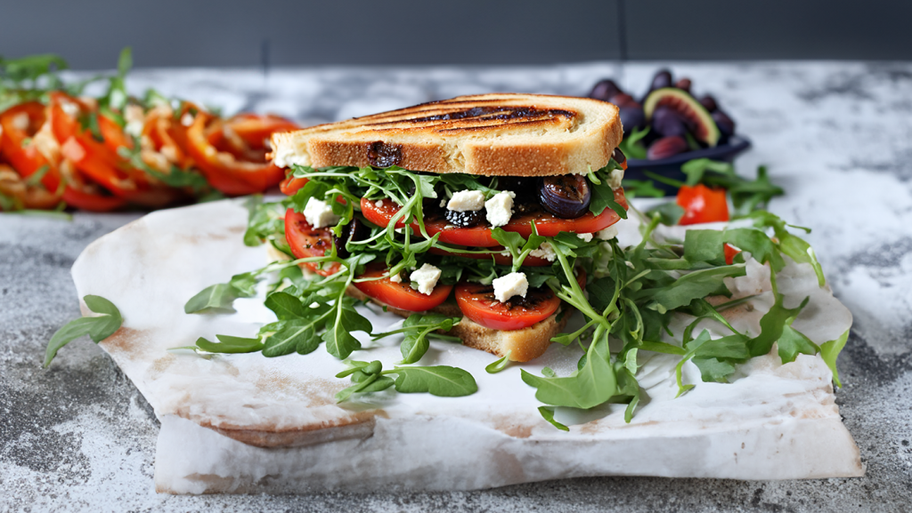 Grilled sandwich with tomatoes, figs and feta cheese with fine herbs