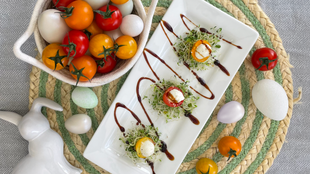 Easter Eggs with Tomatrio Cherry Tomatoes, Bocconcini, and Sprouts
