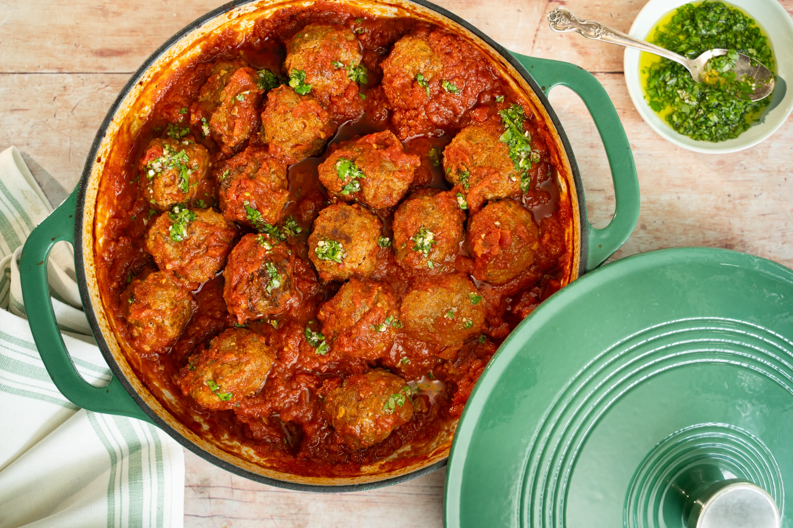 Beef Meatball Casserole with Tomato Sauce and Chimichurri