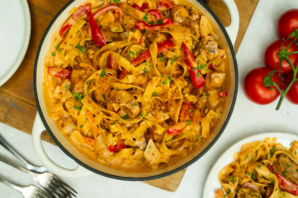 One pot fettucine poulet a la Hongroise, tomate, paprika et crème sûre